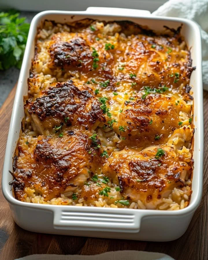 Delicious no-peek chicken rice casserole served in a bright casserole dish
