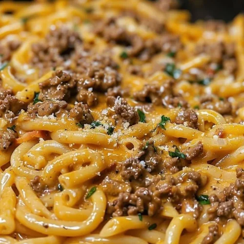 One-Pot Creamy Beef and Garlic Butter Pasta in a serving bowl