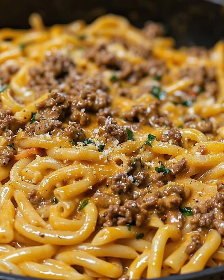 One-Pot Creamy Beef and Garlic Butter Pasta in a serving bowl
