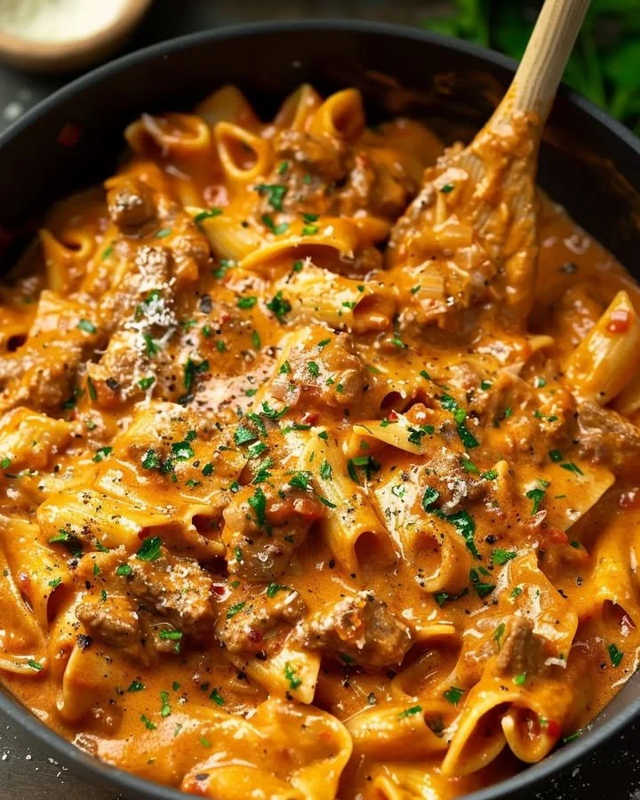 One Pot Creamy Beef Pasta in a serving dish with herbs and cheese