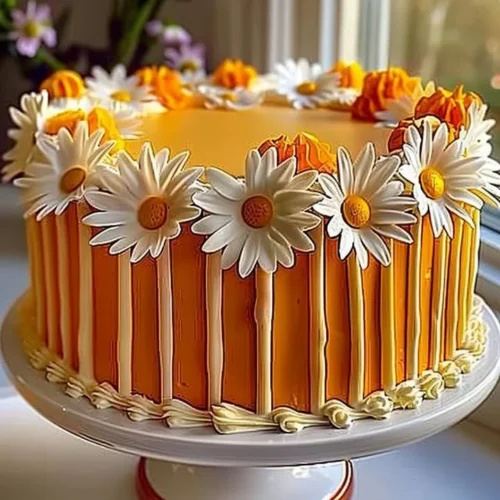 Delicious Orange Creamsicle Cake topped with daisy decorations