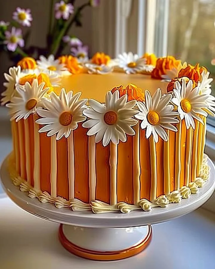 Delicious Orange Creamsicle Cake topped with daisy decorations