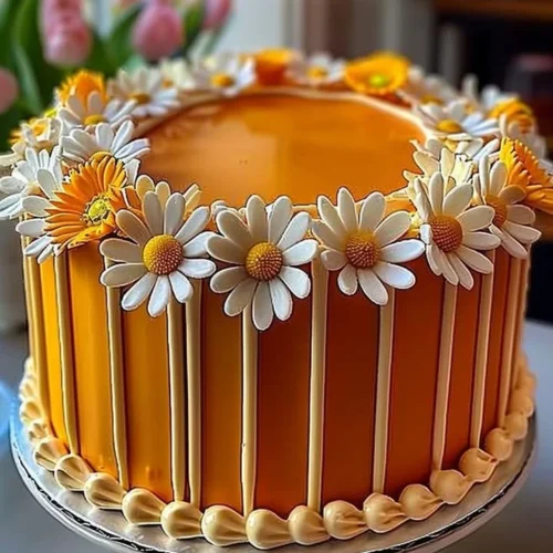 Orange Creamsicle Cake decorated with daisies, perfect for celebrations.