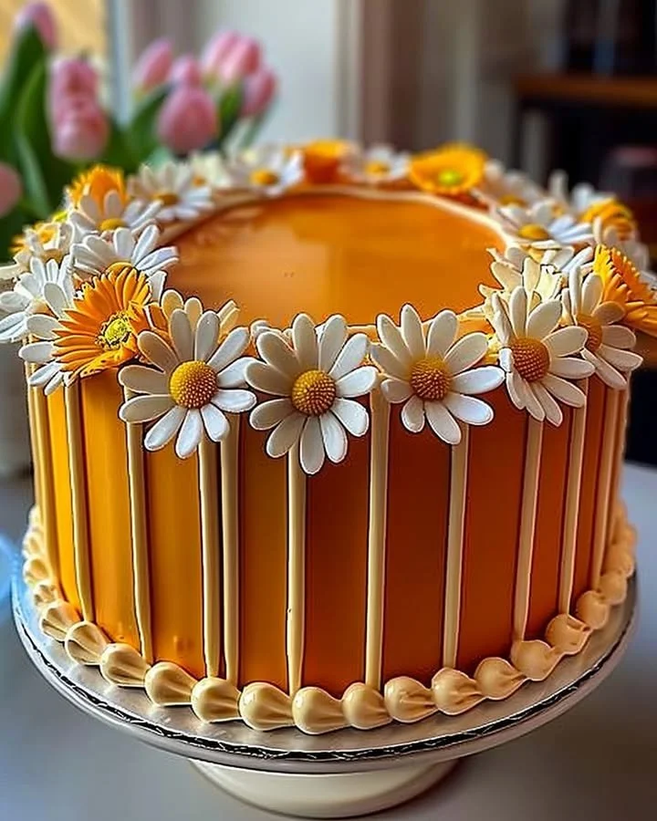 Orange Creamsicle Cake decorated with daisies, perfect for celebrations.