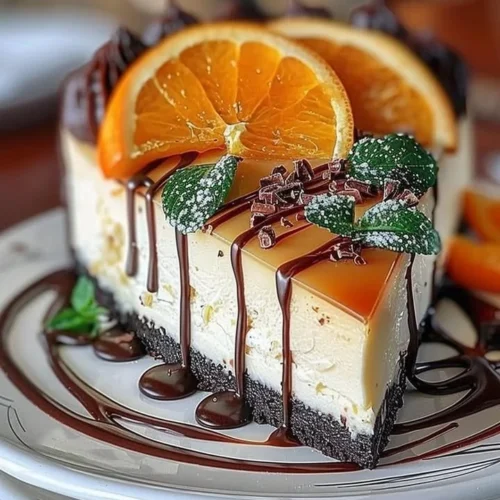 Orange Mascarpone Cheesecake topped with chocolate sauce and garnished with orange zest