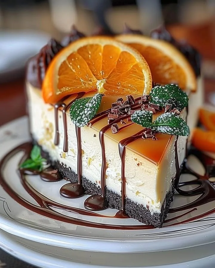 Orange Mascarpone Cheesecake topped with chocolate sauce and garnished with orange zest