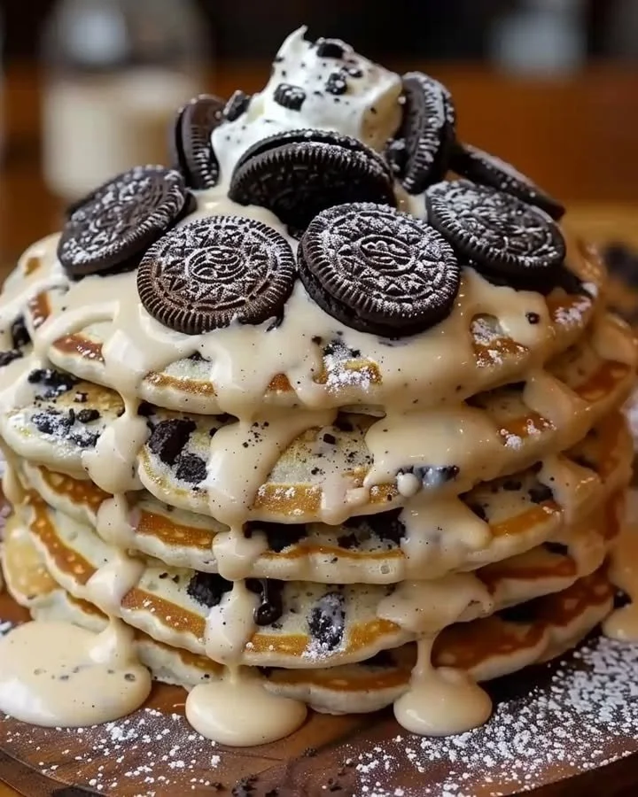 Oreo pancakes topped with cream cheese drizzle on a plate