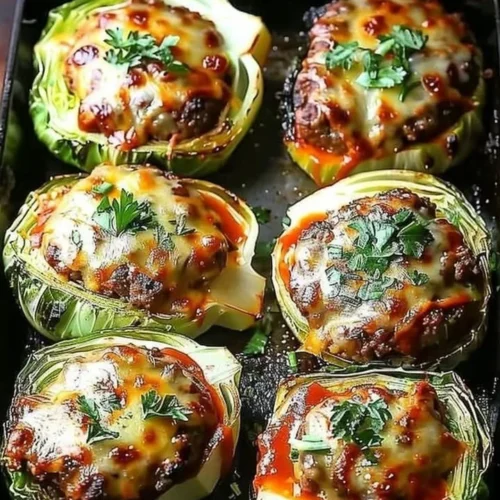 Oven-baked cabbage burgers served on a plate with fresh toppings