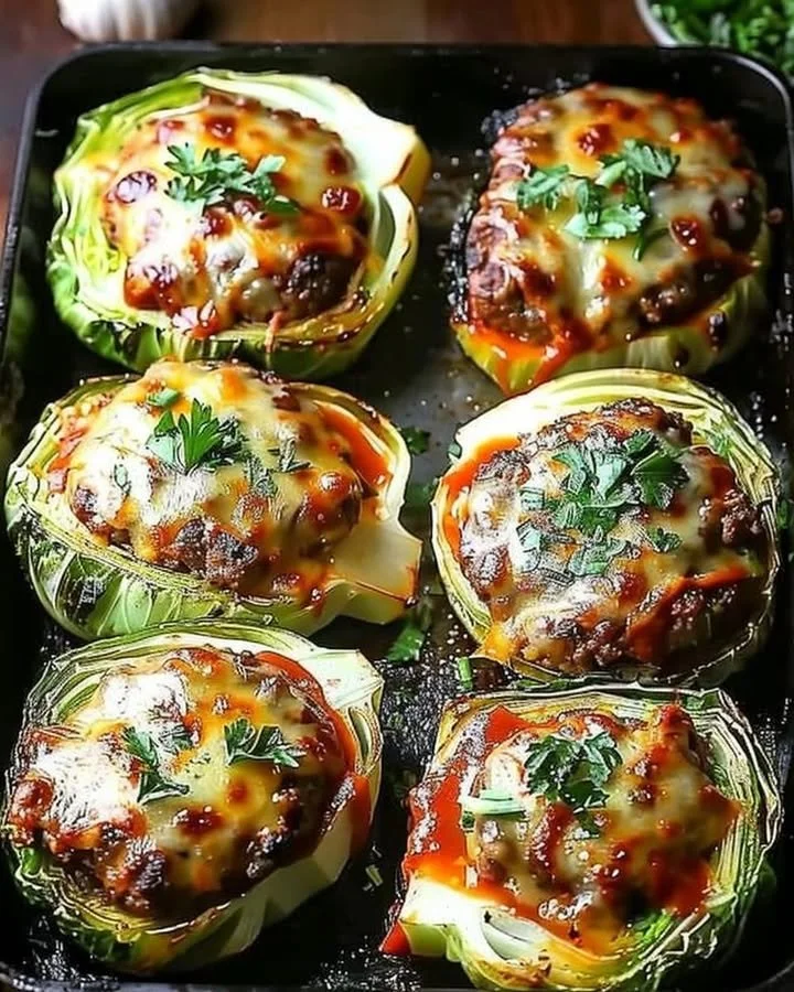 Oven-baked cabbage burgers served on a plate with fresh toppings