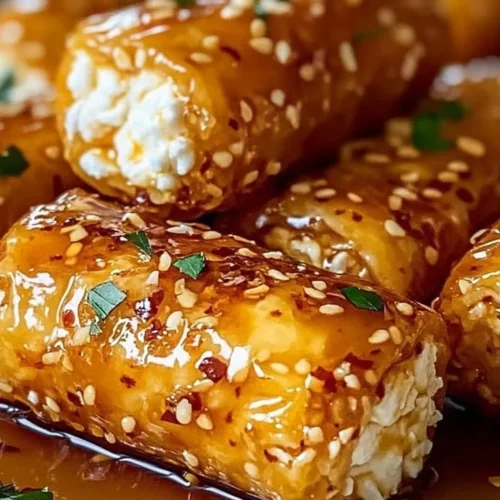 Oven fried feta rolls drizzled with chilli honey on a plate