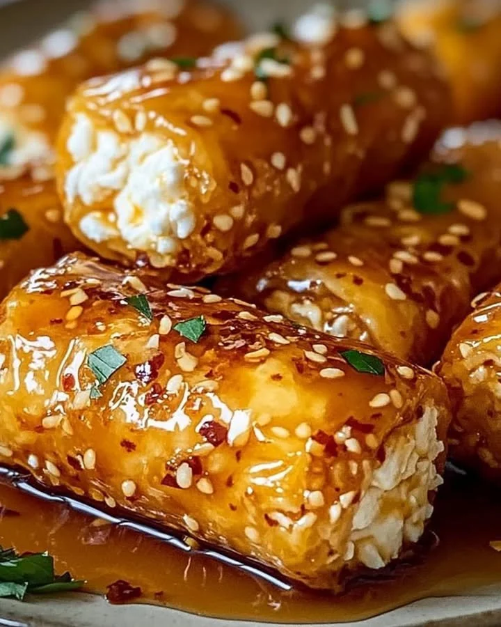 Oven fried feta rolls drizzled with chilli honey on a plate