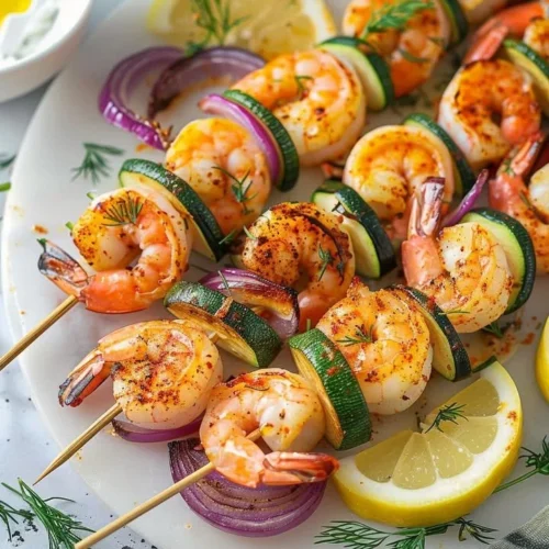 Oven-cooked shrimp skewers ready to serve with fresh vegetables.