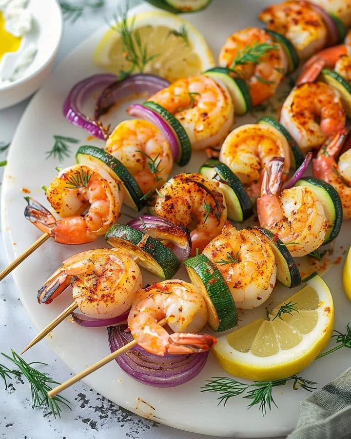 Oven-cooked shrimp skewers ready to serve with fresh vegetables.