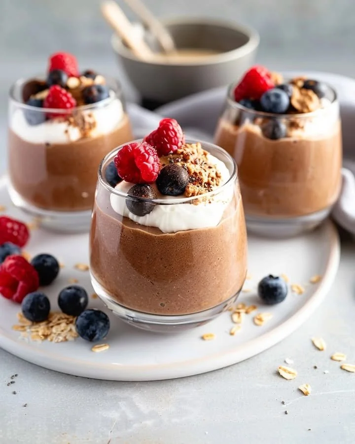 Bowl of Overnight Čokolino with Berries topped with fresh fruit