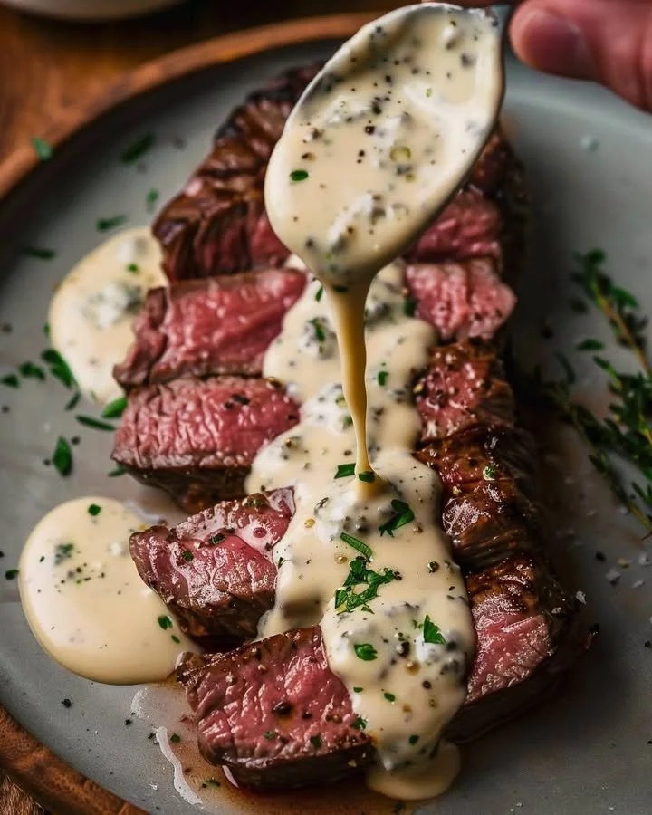 Pan-seared New York Strip Steak topped with Gorgonzola cream sauce served on a plate.