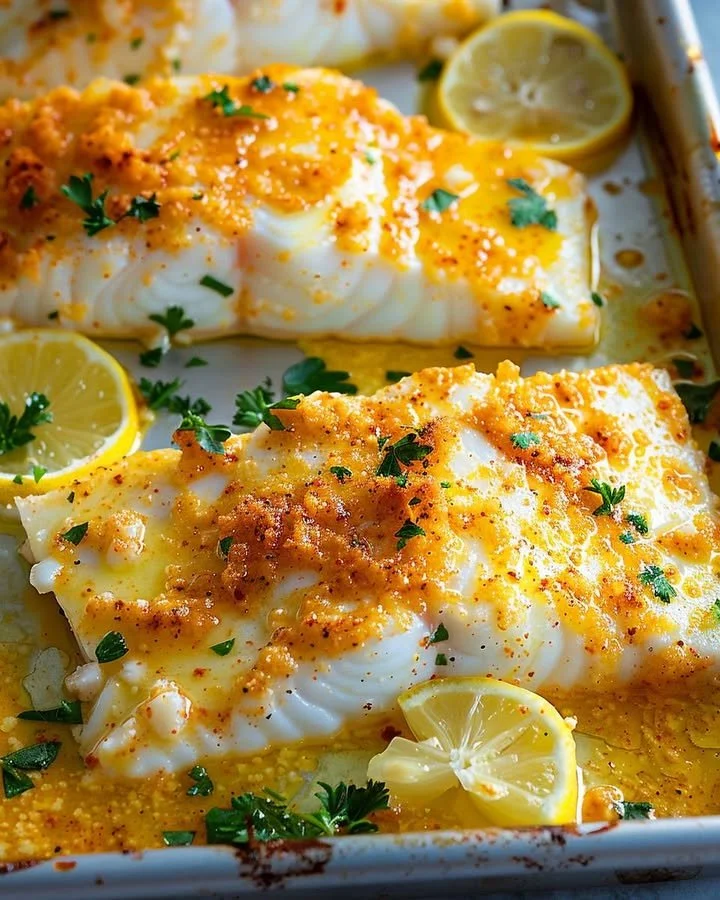Plated Parmesan Baked Cod garnished with herbs and lemon wedges