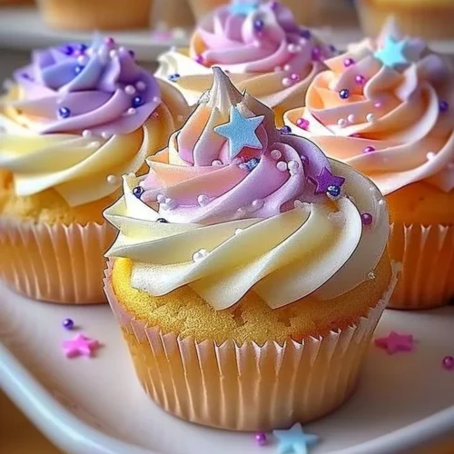Pastel star cupcakes decorated with colorful frosting and sprinkles