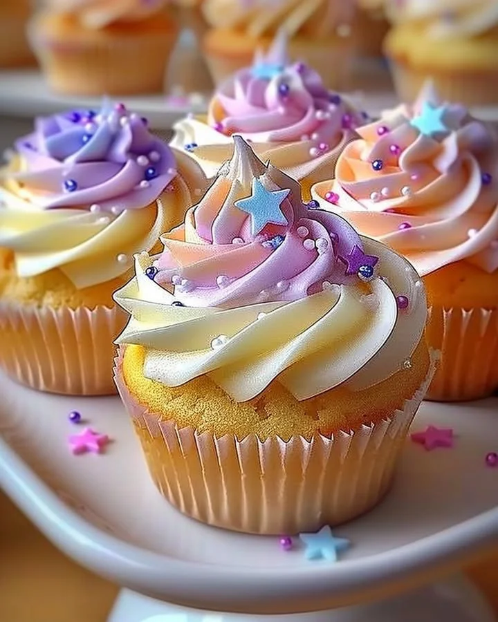 Pastel star cupcakes decorated with colorful frosting and sprinkles