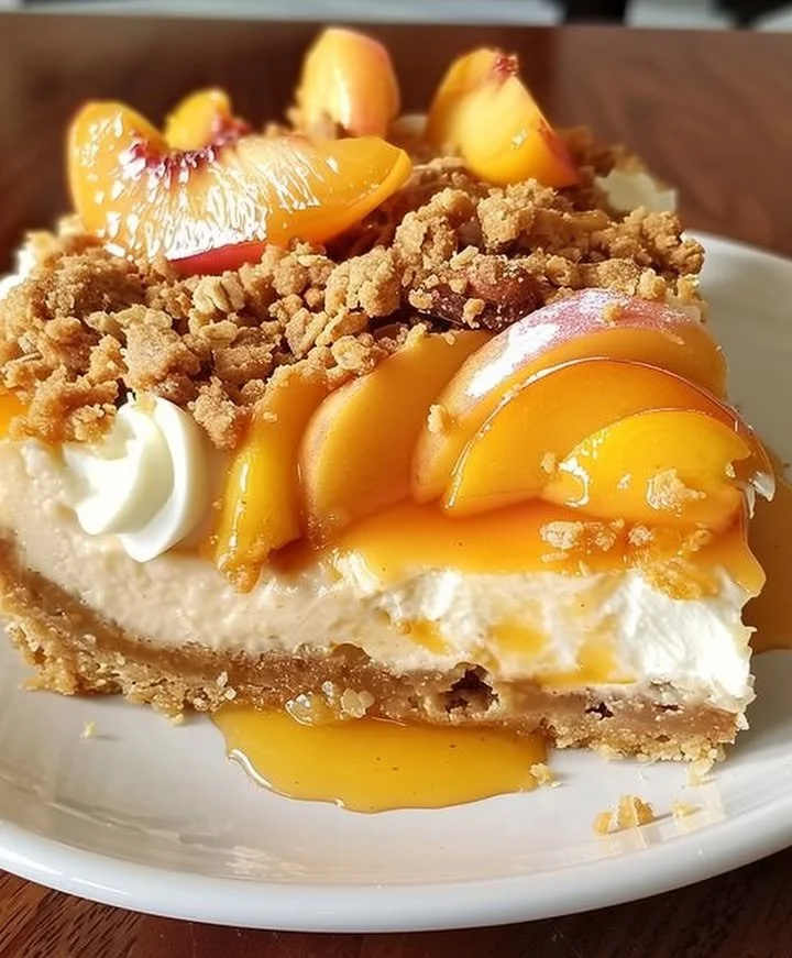 Delicious peach cobbler cheesecake topped with fresh peaches and a crispy crust.