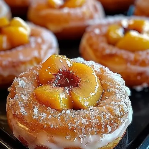 Peach Cobbler Cheesecake Donuts topped with peach slices and whipped cream