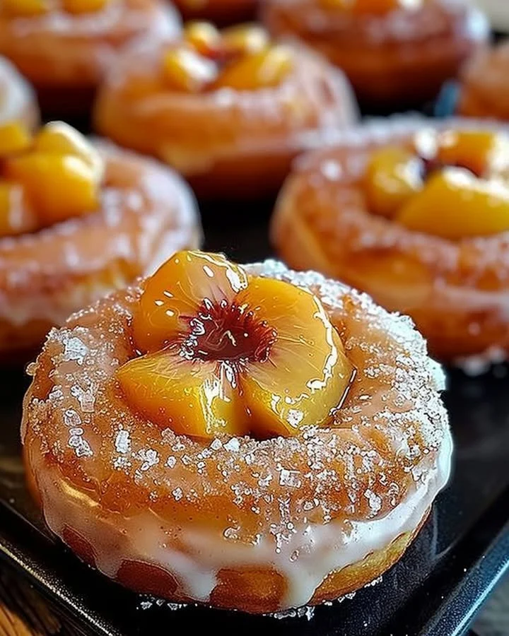 Peach Cobbler Cheesecake Donuts topped with peach slices and whipped cream