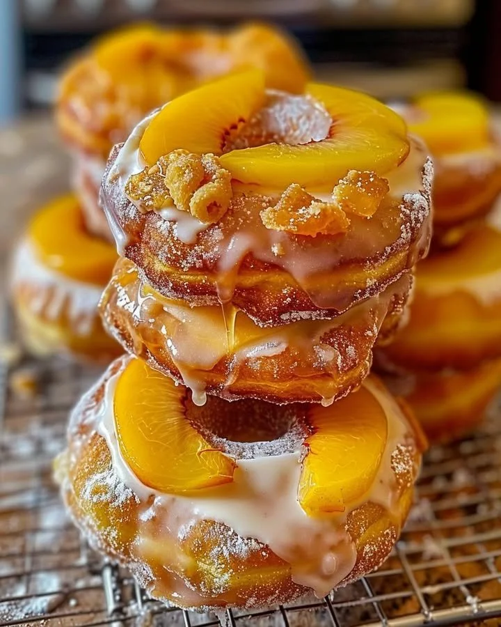 Peach Cobbler Cheesecake Donuts topped with fresh peaches and creamy cheesecake glaze