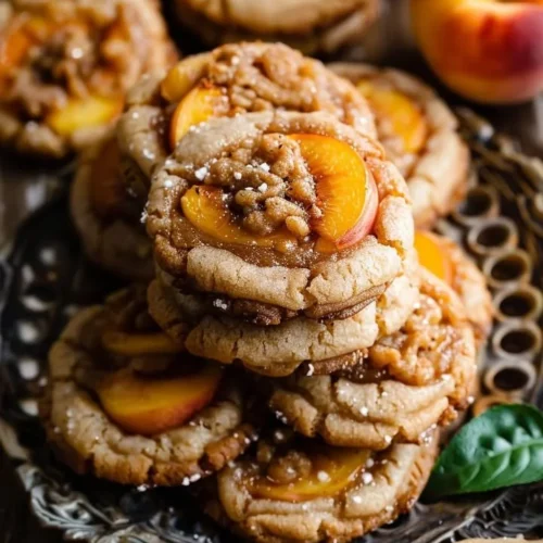 Freshly baked Peach Cobbler Cookies on a rustic wooden table