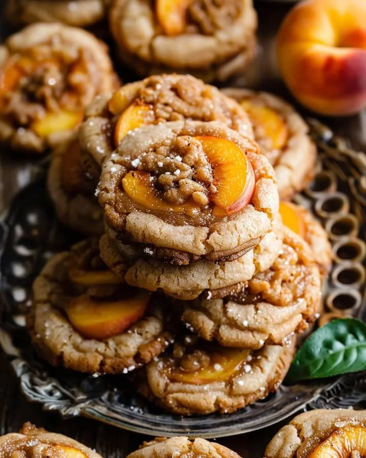 Freshly baked Peach Cobbler Cookies on a rustic wooden table