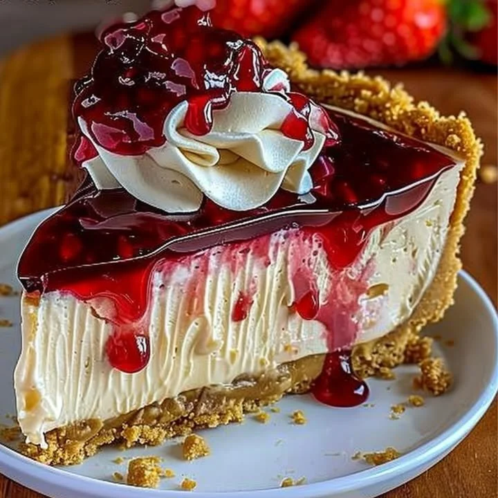 Slice of Peanut Butter and Jelly Cheesecake topped with vibrant jelly