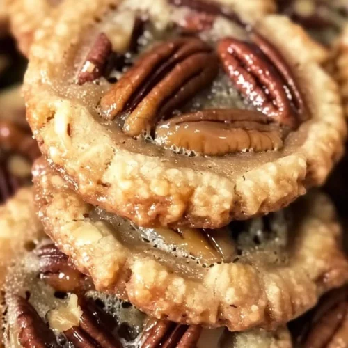 Delicious pecan pie cookies on a rustic table, showcasing the dessert's rich flavor.