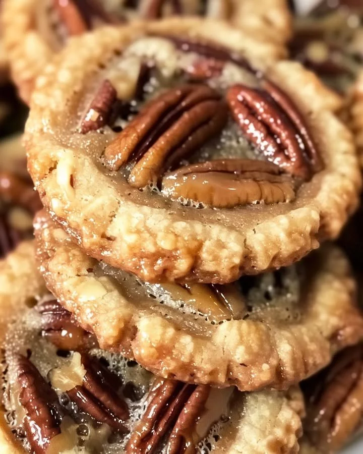 Delicious pecan pie cookies on a rustic table, showcasing the dessert's rich flavor.