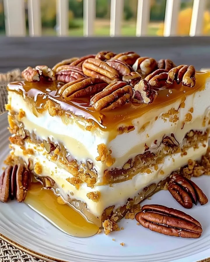 Slice of delicious Pecan Pie Lasagna topped with pecans and whipped cream