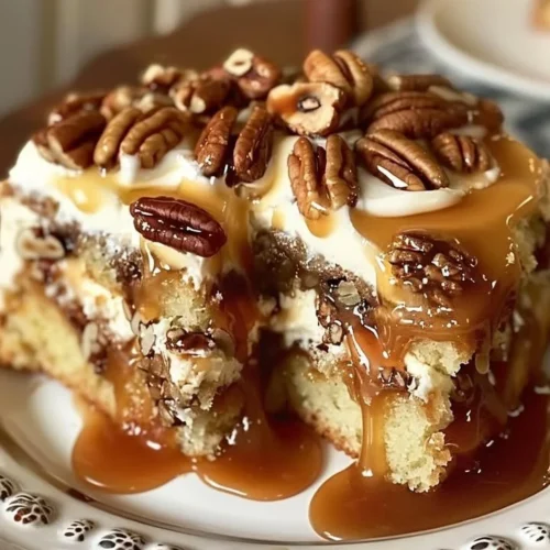Delicious Pecan Praline Poke Cake topped with crunchy pecans and caramel sauce