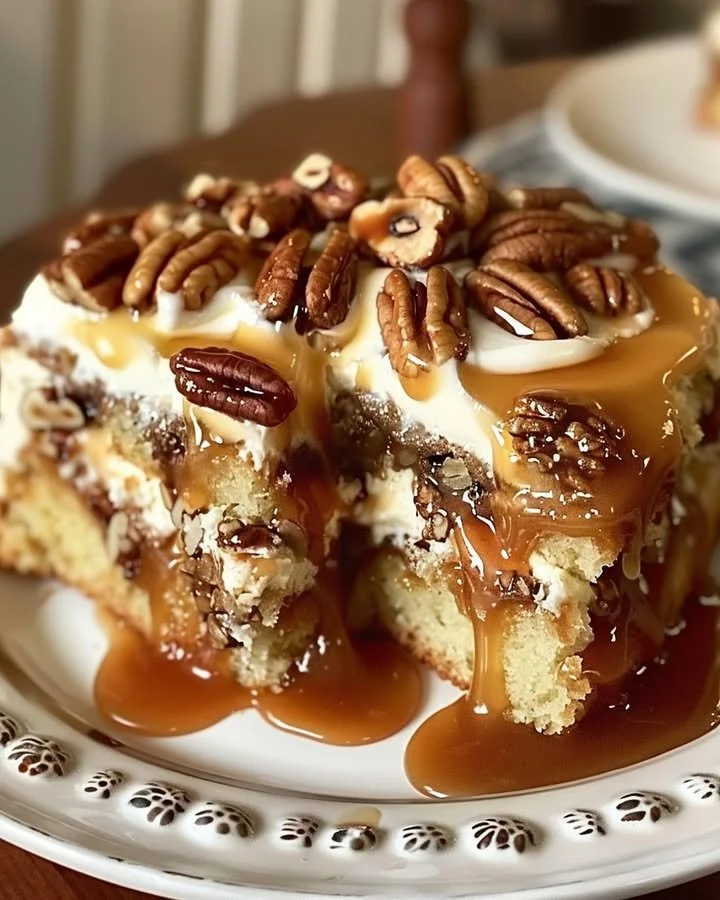 Delicious Pecan Praline Poke Cake topped with crunchy pecans and caramel sauce