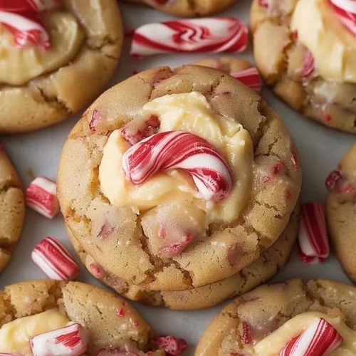 Delicious peppermint cheesecake cookies topped with crushed peppermint