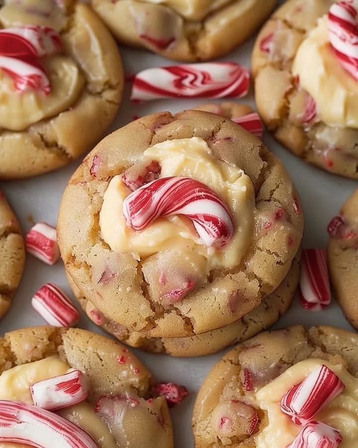 Delicious peppermint cheesecake cookies topped with crushed peppermint