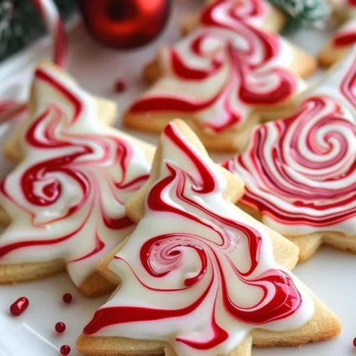 Peppermint red and white swirl tree cookies on a festive platter