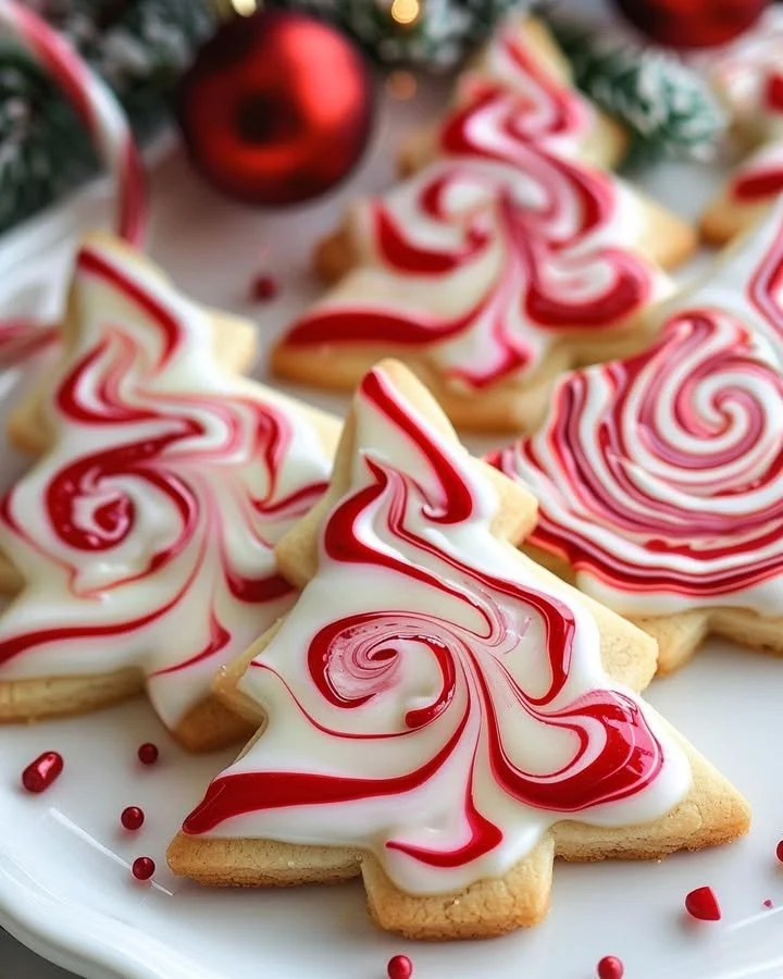 Peppermint red and white swirl tree cookies on a festive platter