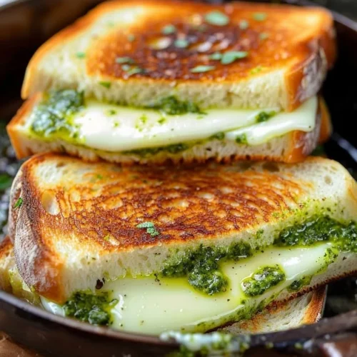 Mouth-watering pesto grilled cheese sandwich on a plate