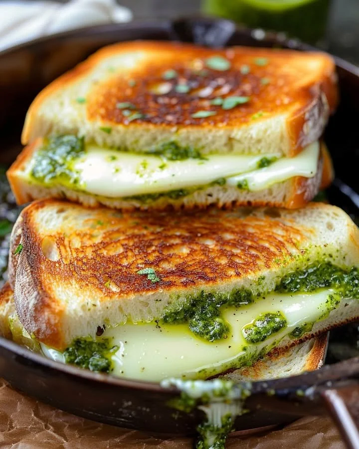 Mouth-watering pesto grilled cheese sandwich on a plate
