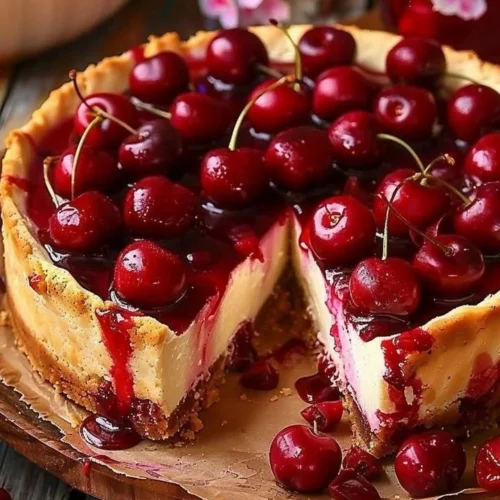 Delicious Philadelphia cherry cheesecake topped with fresh cherries