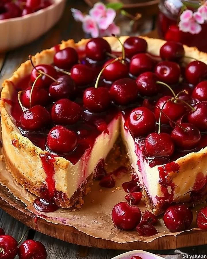 Delicious Philadelphia cherry cheesecake topped with fresh cherries