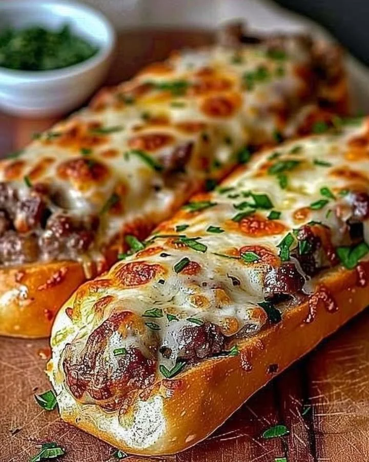 Philly cheesesteak stuffed cheesy breadsticks on a wooden platter