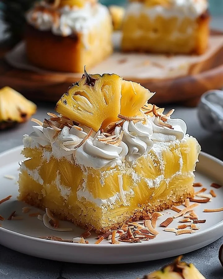 Slice of moist Pineapple Coconut Cake topped with coconut flakes and pineapple slices.