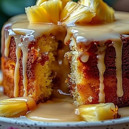 Delicious Pineapple Heaven Cake topped with fresh pineapple and cream