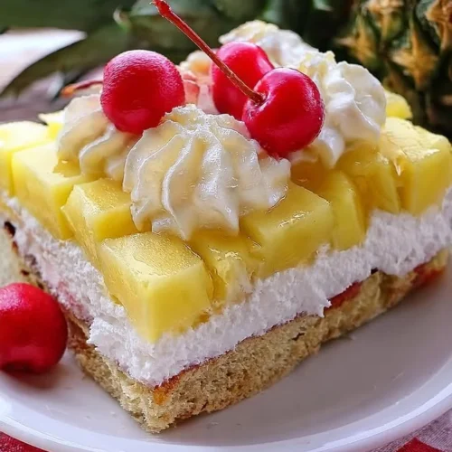 A slice of Pineapple Heaven Cake topped with fresh pineapple and whipped cream.