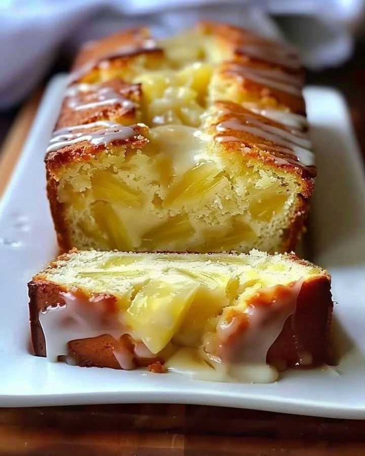 Delicious slice of Pineapple Quick Bread topped with pineapple chunks