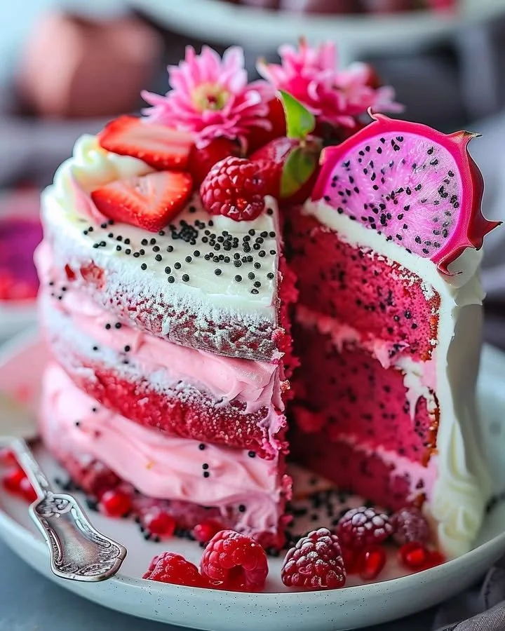 Pink Dragon Fruit Layer Cake showcasing vibrant pink layers and fresh fruit toppings.