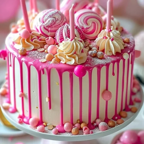 Delicious Pink Drip Cake with chocolate ganache drizzled on top