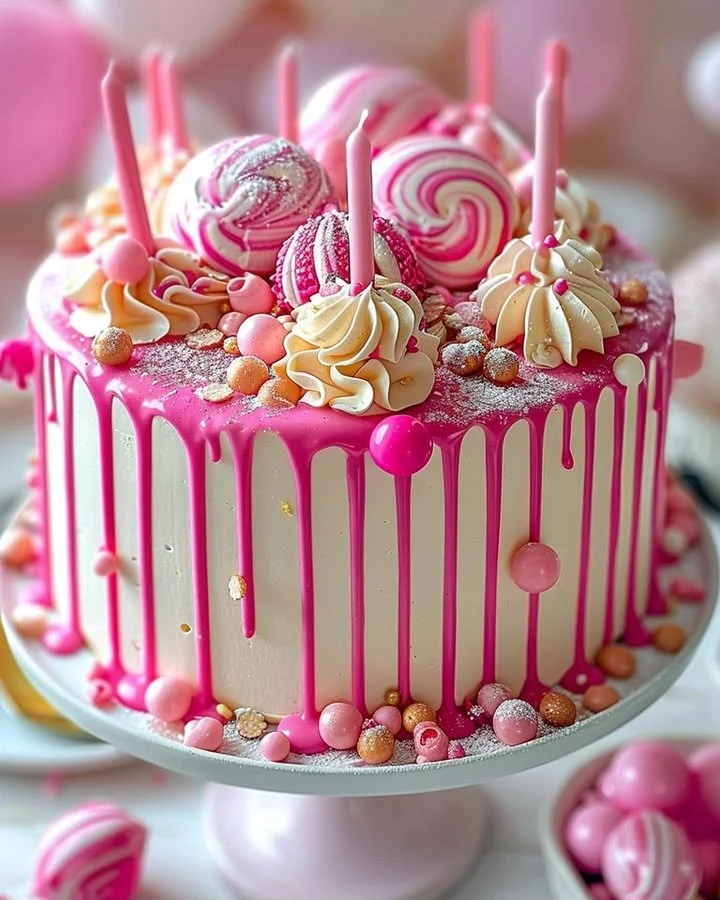 Delicious Pink Drip Cake with chocolate ganache drizzled on top